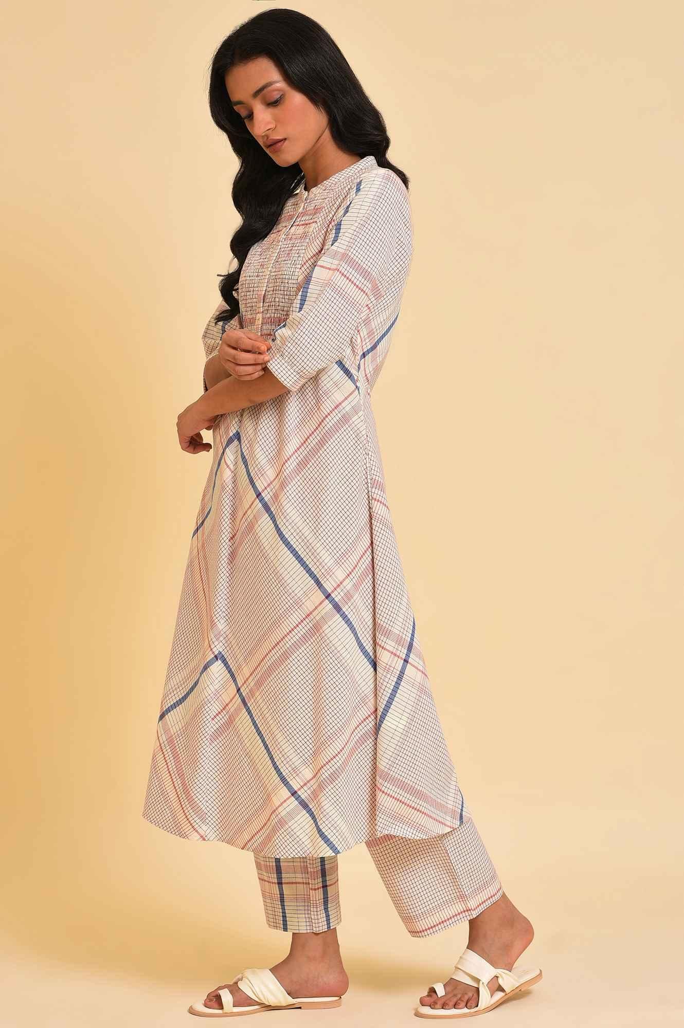 Ecru Bold Checks A-Line kurta & Pants Co-Ord Set - Image 6