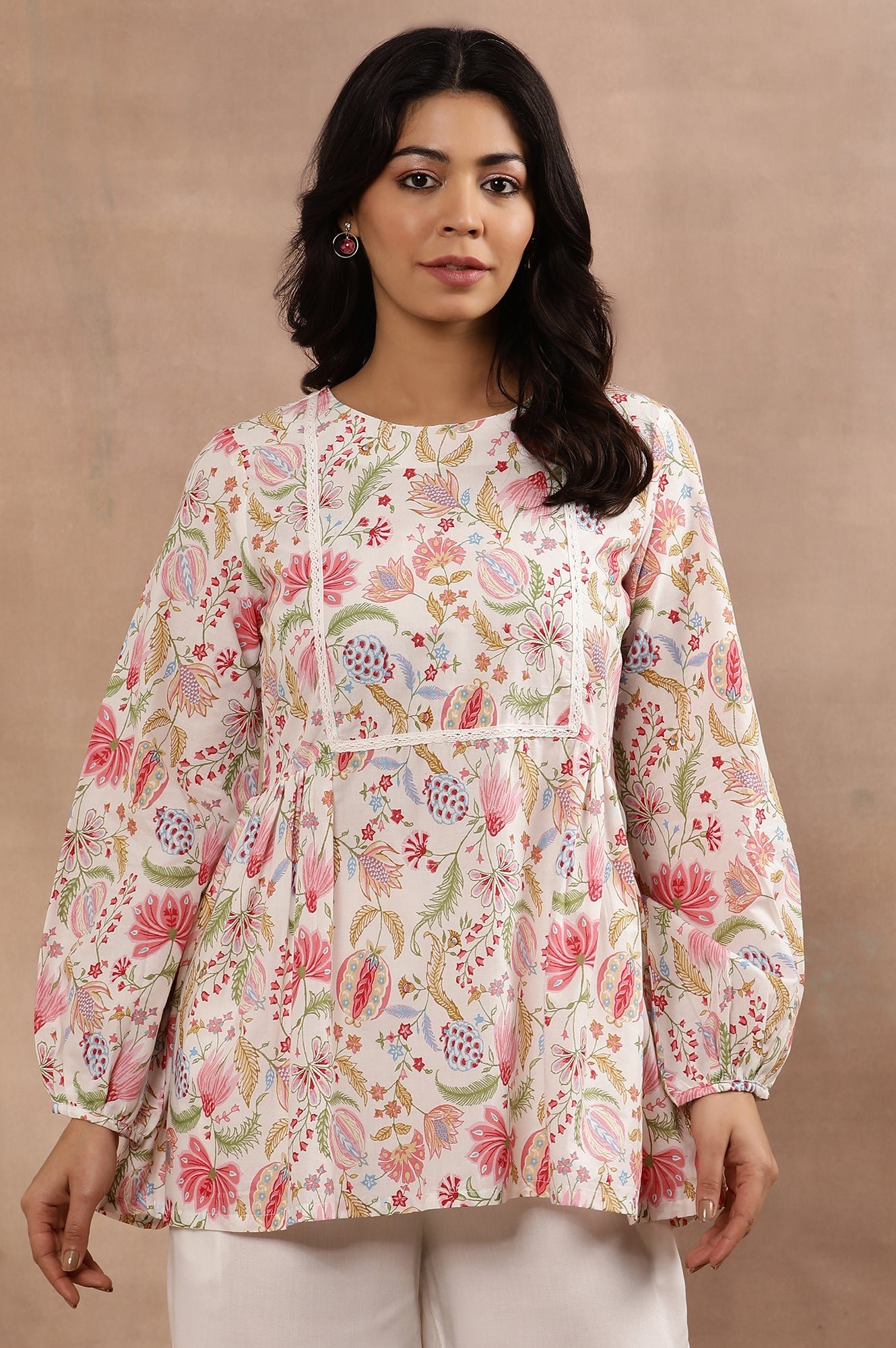 White Floral Printed Pure Cotton Top And Parallel Pants Set - Image 8