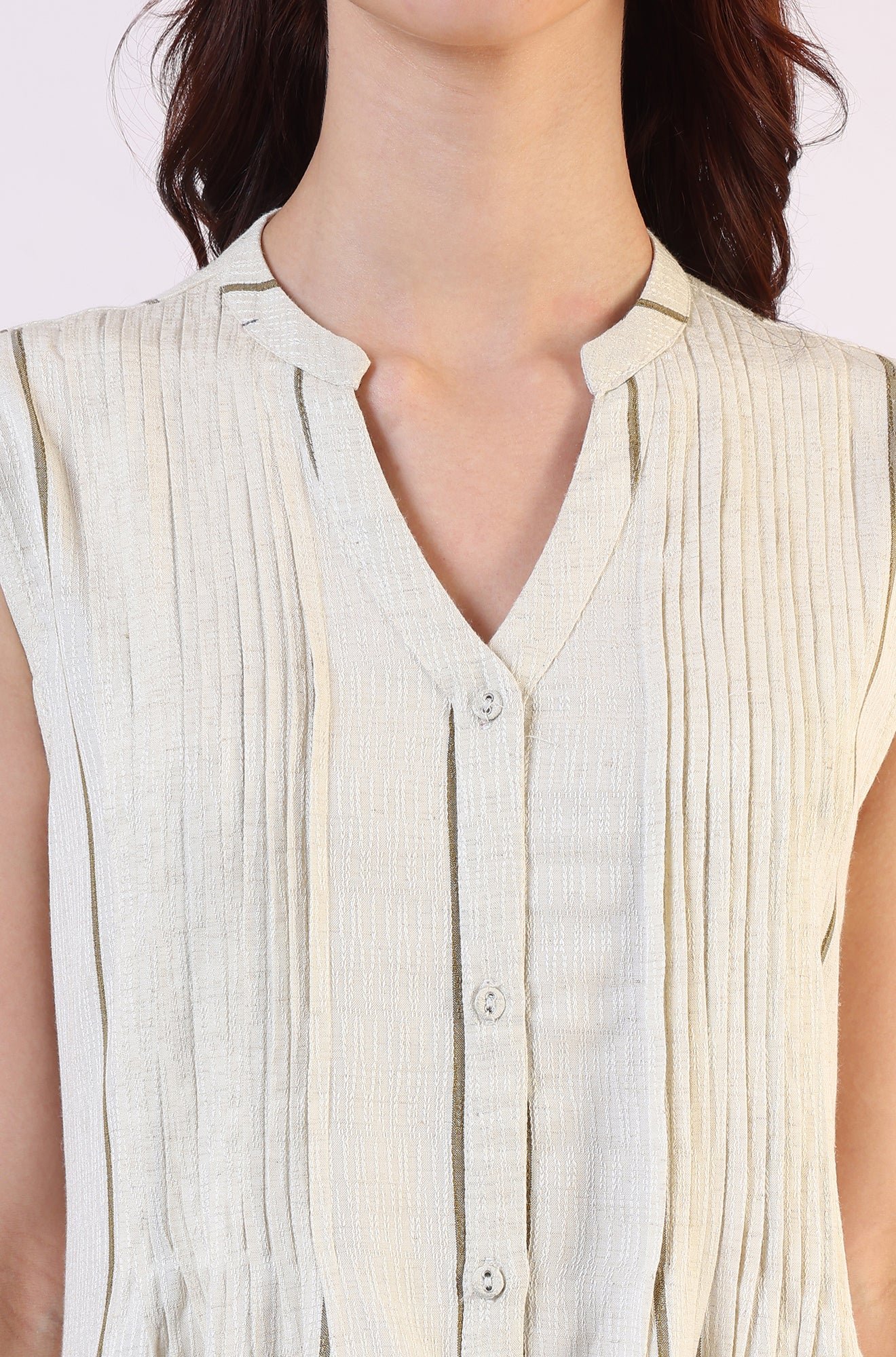 Off -White Striped Cotton Blend Flared Western Dress - Image 9