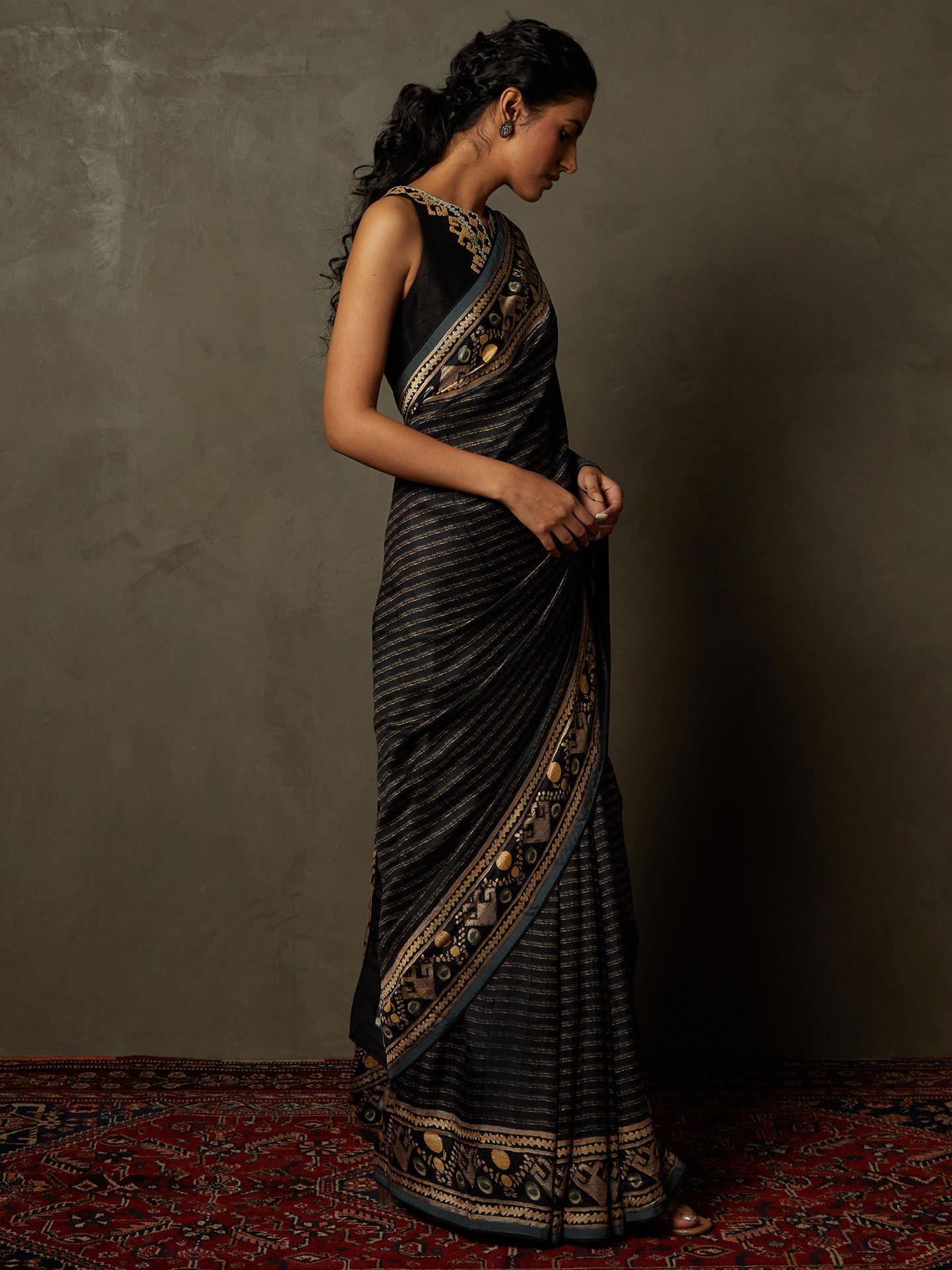 Black & Beige Noni Saree With Stitched Blouse - Image 5